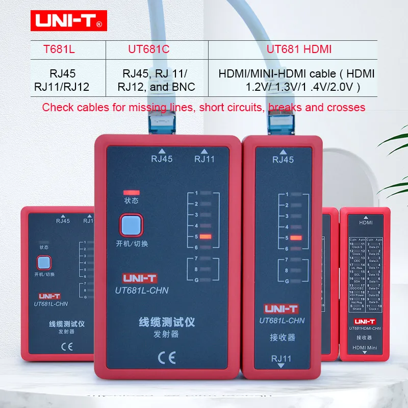 Probador de cables LAN, UNI-T de red automática UT681L UT681C UT681HDMI, Ethernet, teléfono BNC HDMI, herramienta de reparación, comprobador de línea de red LED