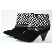 hot selling women fashion shoes pointed toe leather rivet ankle boots spike heel folded ankle black suede booties