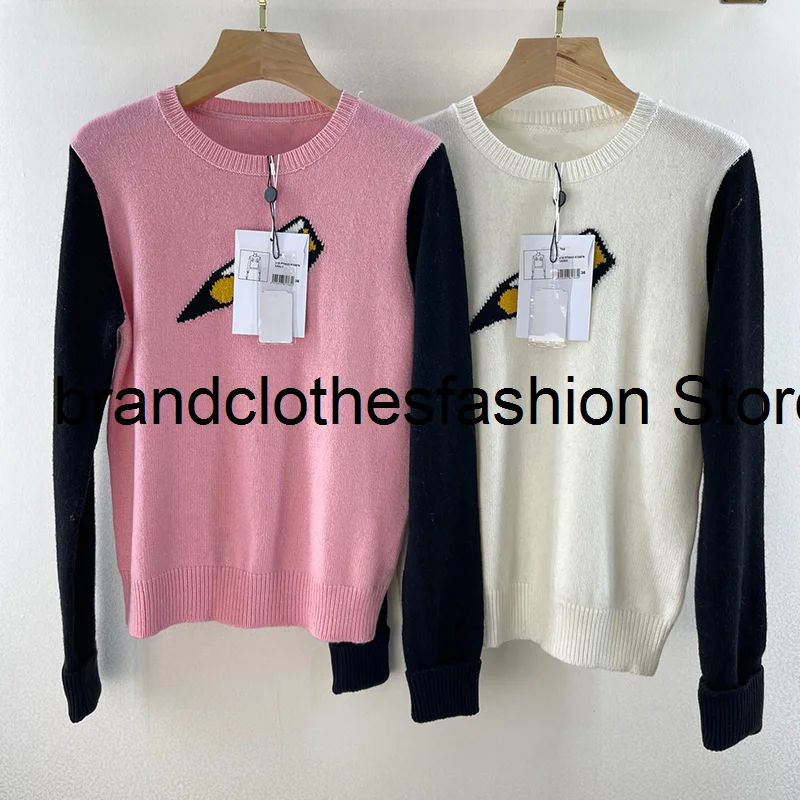 

Pink Or White Contrast Black Knit Long Sleeve Pullover Women High Quality 100% Cashmere Woolen Top Sweater Lady 2021 New Autumn