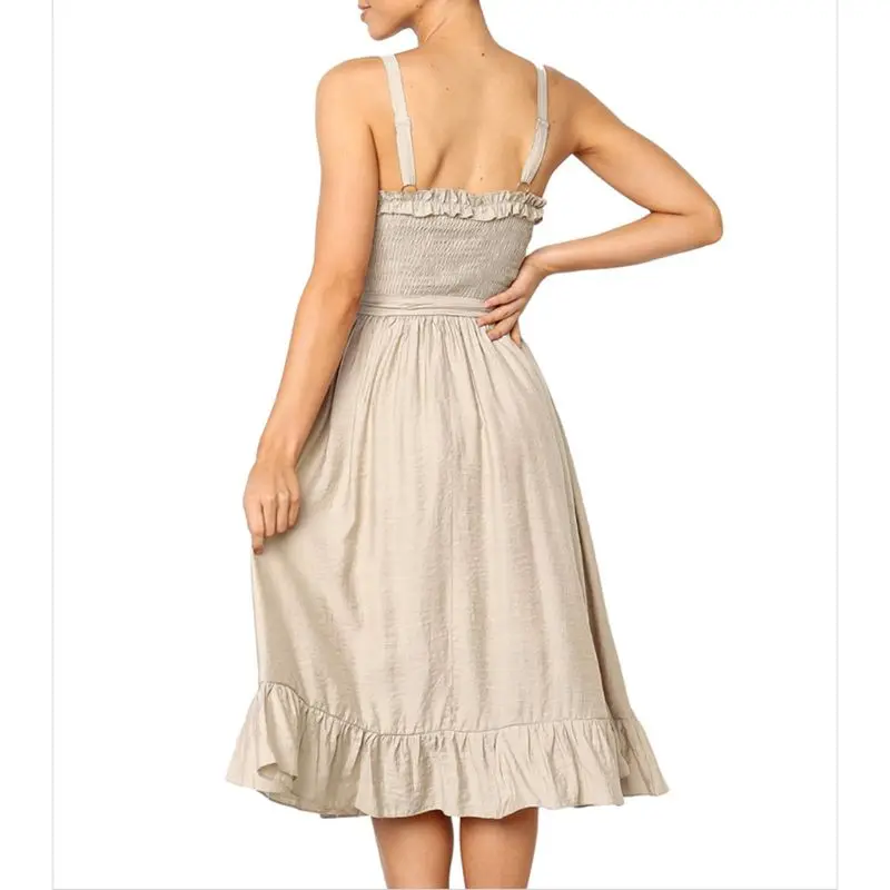 

Womens Sleeveless Knee Length Pleated Swing Dress Shirred Ruffles Solid Color Belted High Waist Backless Beach Party BX0A