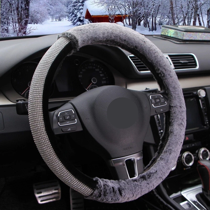 

Personality Bling Rhinestones Car Steering Wheel Cover Winter Short Plush Warm Funda Volante Coche Car Accessories Interior