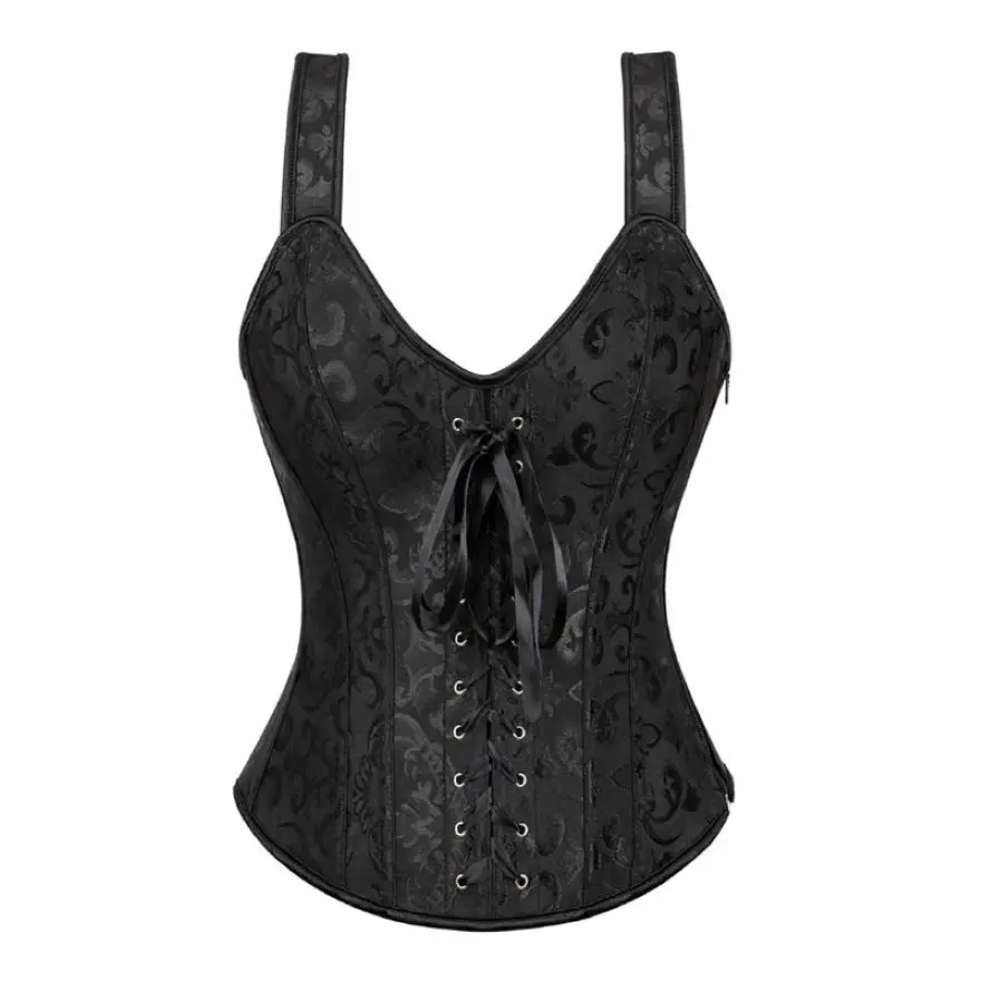 

Women Sexy Floral Jacquard Straps Overbust Corset Zipper Side Waist Cincher Slim Lace Up Vintage Corset Bustier Lingerie Top