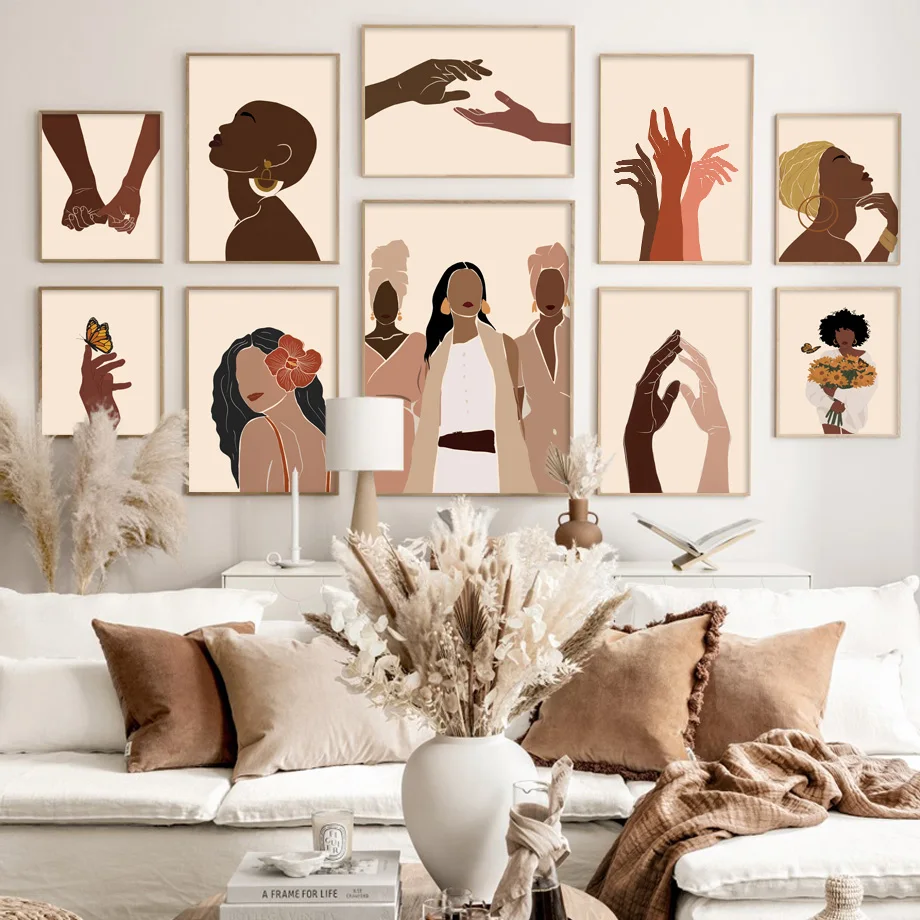 Черный фон цветы девушка иллюстрация в африканском стиле Wall Art Холст Картина Nordic