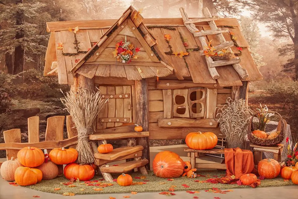 

Thanksgiving Photography Background Wood house Pumpkins Harvest halloween Backdrop Kids Birthday Party Decor Banner Photo Studio