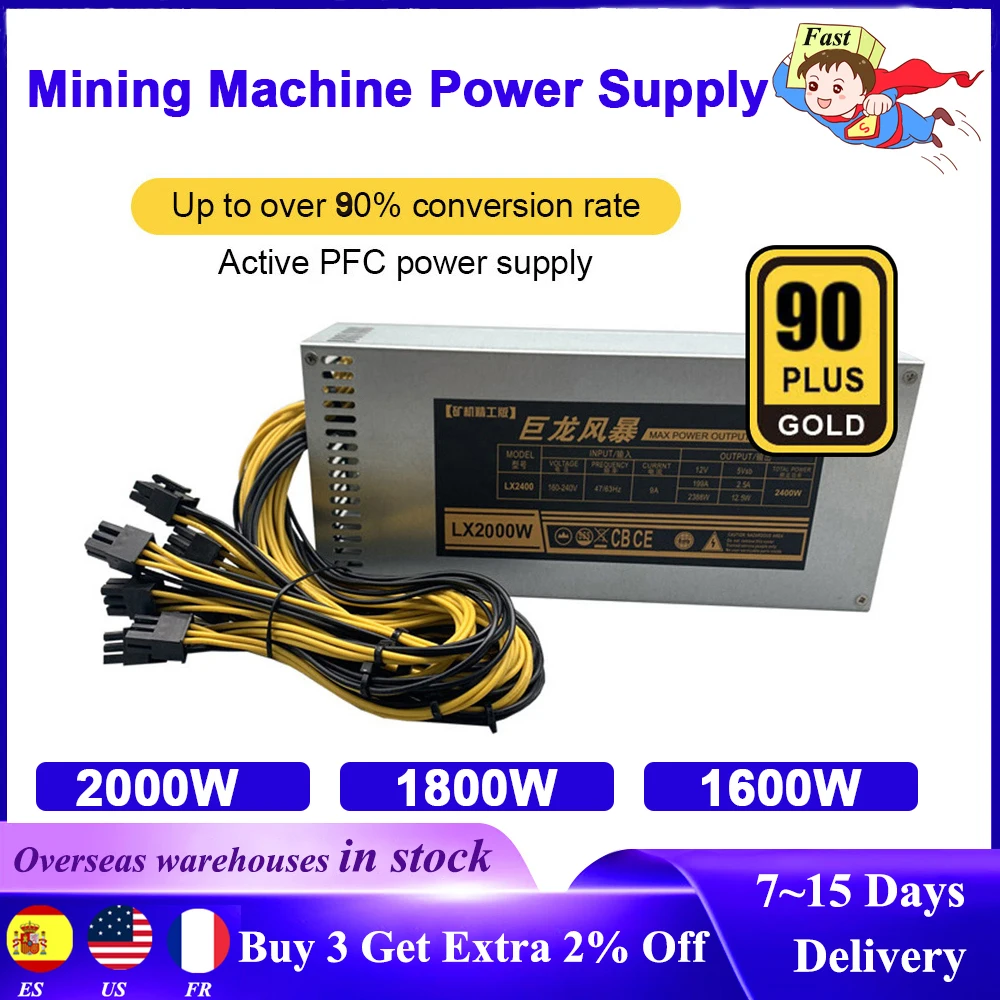 

Блок питания для майнинга ETH 2000 Вт 1800 Вт 1600 Вт 180 в-240 В 10x6 контактов 80%-90% КПД для майнинга биткоинов