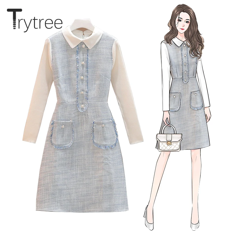 

Trytree AW Women Dress Casual Turn-down Collar Patchwork Knitted Sleeve Pockets Mini Dresses Office Lady Casual A-line Dress