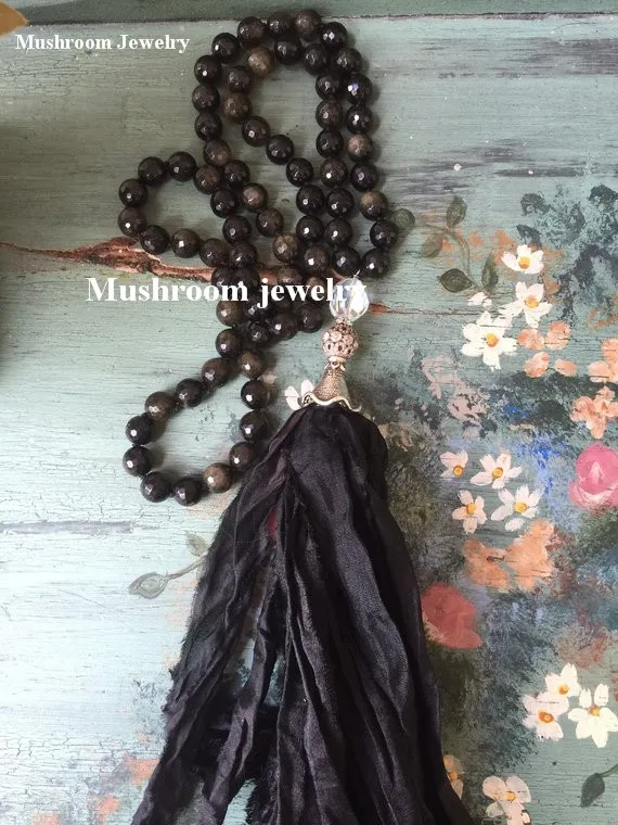Long Hand Knotted Jasper Stone Beads Sari Silk Tassel Women Boho Necklace