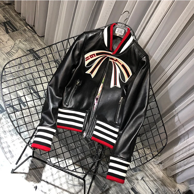 

Genuine Manteaux Emmes Leather Jacket Patchwork Style Women Coat Spring Kobiety Płaszcze Streetwear Tie Pattern Female Outerwear
