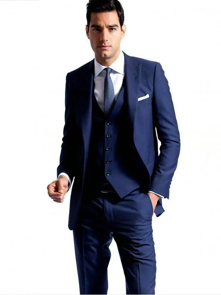Light Navy Men's Dinner Party Prom Dress Handsome Groom Tuxedos Wedding Blazer Business Suits (Jacket+Pants+Vest+Tie) K:2115