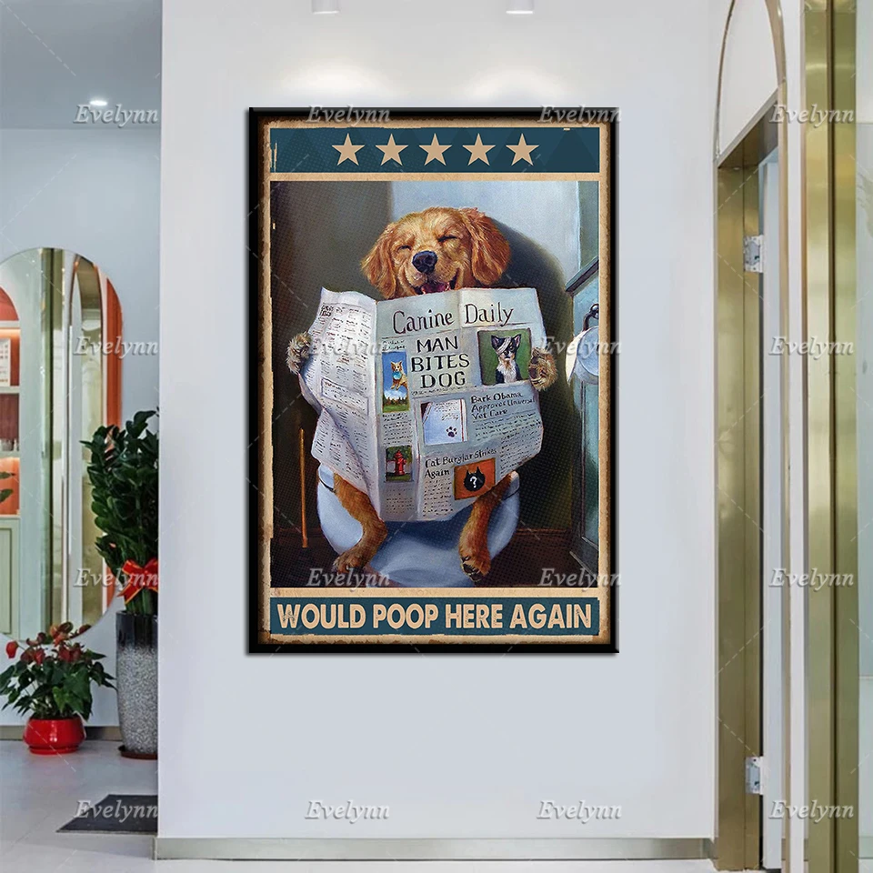 

Golden Retriever Dog Lovers Would Poop Here Again Poster Home Living Restroom Toilet Decor Prints Wall Art Canvas Retro Poster