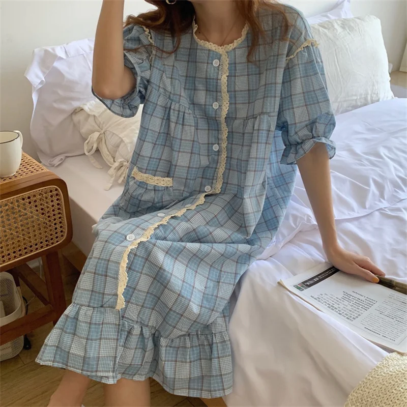 

Alien Kitty Korea Summer Sweet Plaid Loose-Fitting Short Sleeve 2021 Chic Femme Princess Lace Dress Casual Pajamas Nightdresses