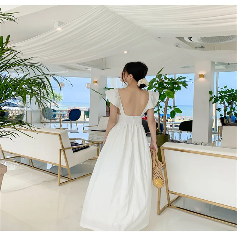 

Summer Dress Women Cotton White Ruffles V-neck Backless Long Vintage Sexy Dress 2020 Elegant Ladies Robe Beachwear Casual Vadim