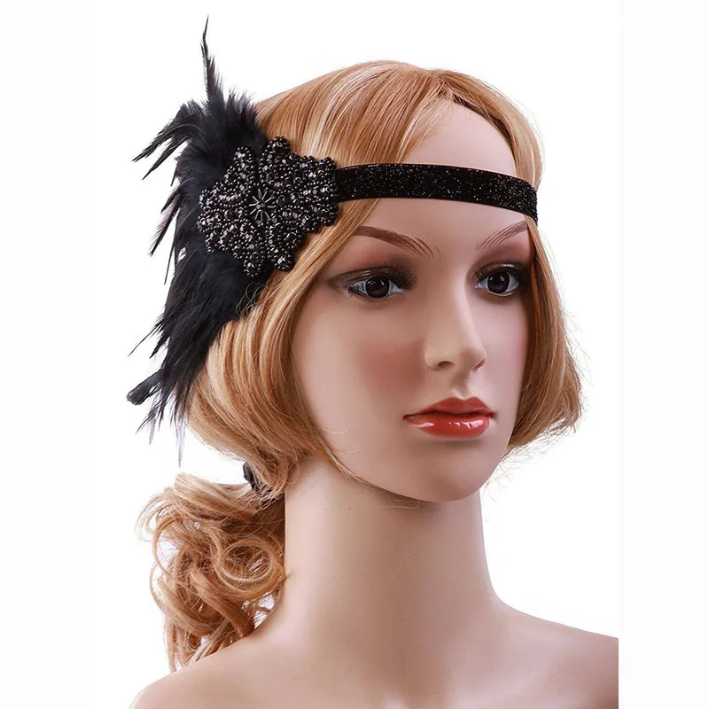 1920s Great Gatsby аксессуар к костюму для вечеринки набор Хлопушка повязка на голову с перьями жемчужное ожерелье перчатки держатель для сигарет браслет 5 шт набор - Цвет: Black
