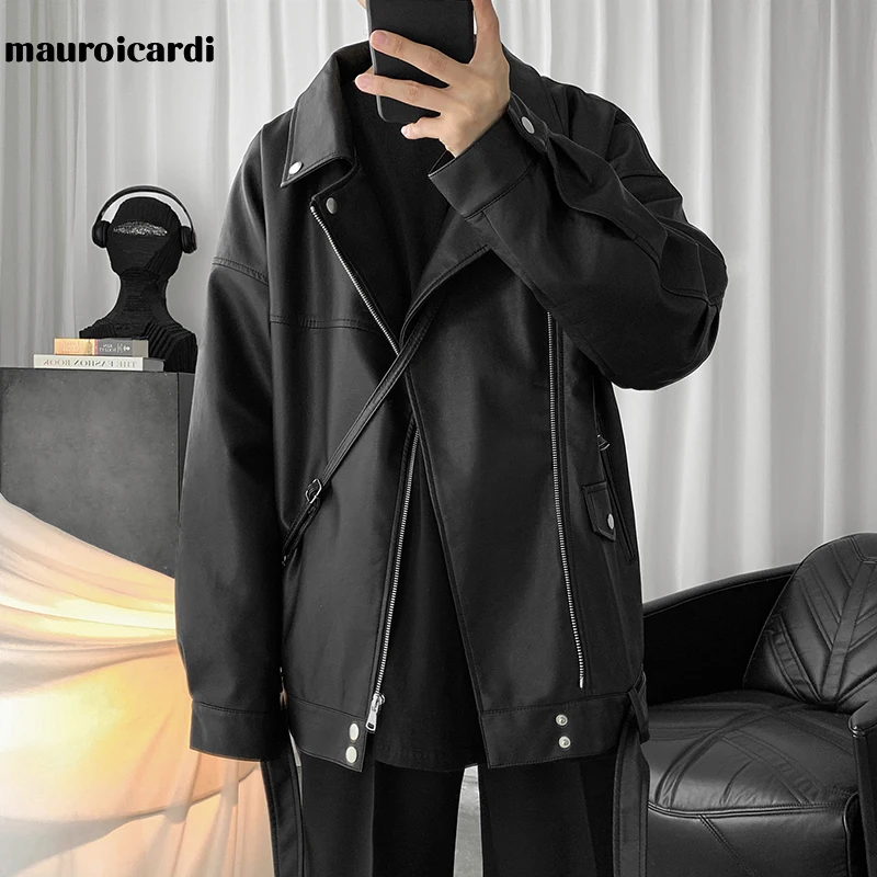Mauroicardi Spring Black Oversized Leather Biker Jacket Men Casual Loose Korean Fashion 2021 Faux leather Jackets for Men Brand