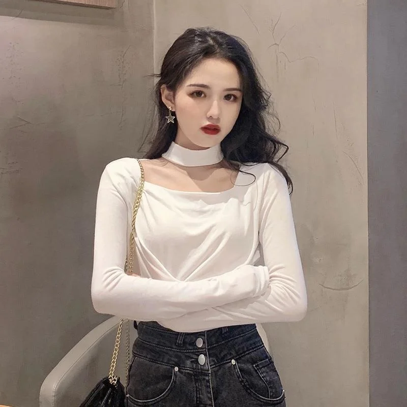 

Женская блузка, сексуальный топ с лямкой на шее, женские рубашки с длинным рукавом, блузки, одежда для женщин