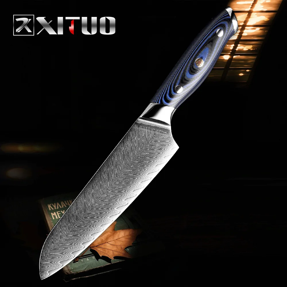 Santoku Knife XITUO дамасский нож шеф-повара Профессиональный японский Sankotu Кливер обвалки Gyuto кухонный нож инструмент для приготовления пищи Изысканная Слива заклепочная рукоять - Цвет: Santoku Knife