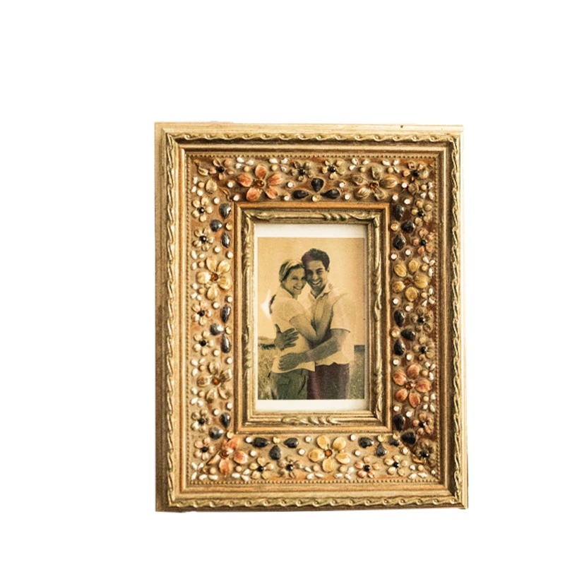

Vintage Hand Carved Jeweled Flower Wood Photo Frame 3x3, 4x6, 5x7 inches Handmade Home Tabletop Rectangle Wooden Picture Frame