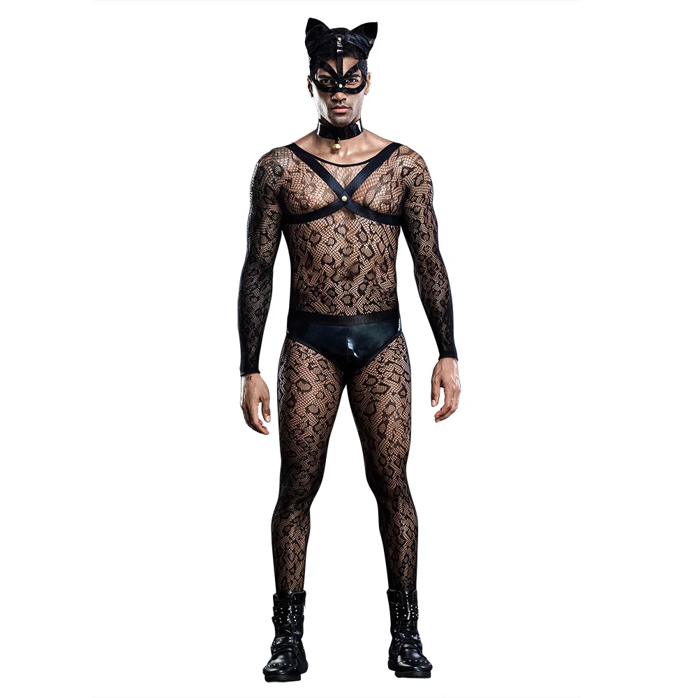 Mens Role Play Sexy Mesh Cat Uniform Set Cosplay Gay Bar Dance Perform Costume Outfit