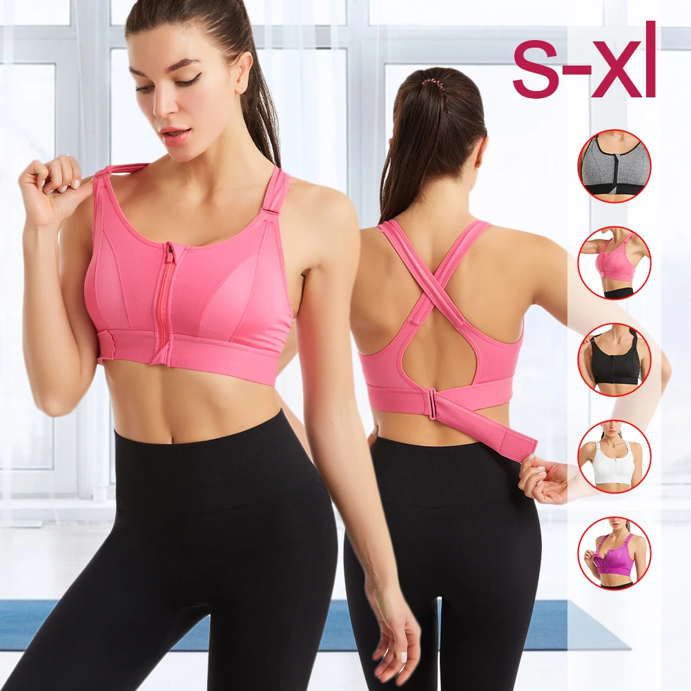 

Sports Women Bra Crop Top Zip Front Push Up Underwear Crisscross Back Detachable Pads Athletic Vest Workout Running Fitness Bra