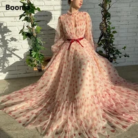 booma 2022 hearts tulle a line prom dresses long sleeves sheer neckline keyhole bow belt maxi prom gowns formal party gowns