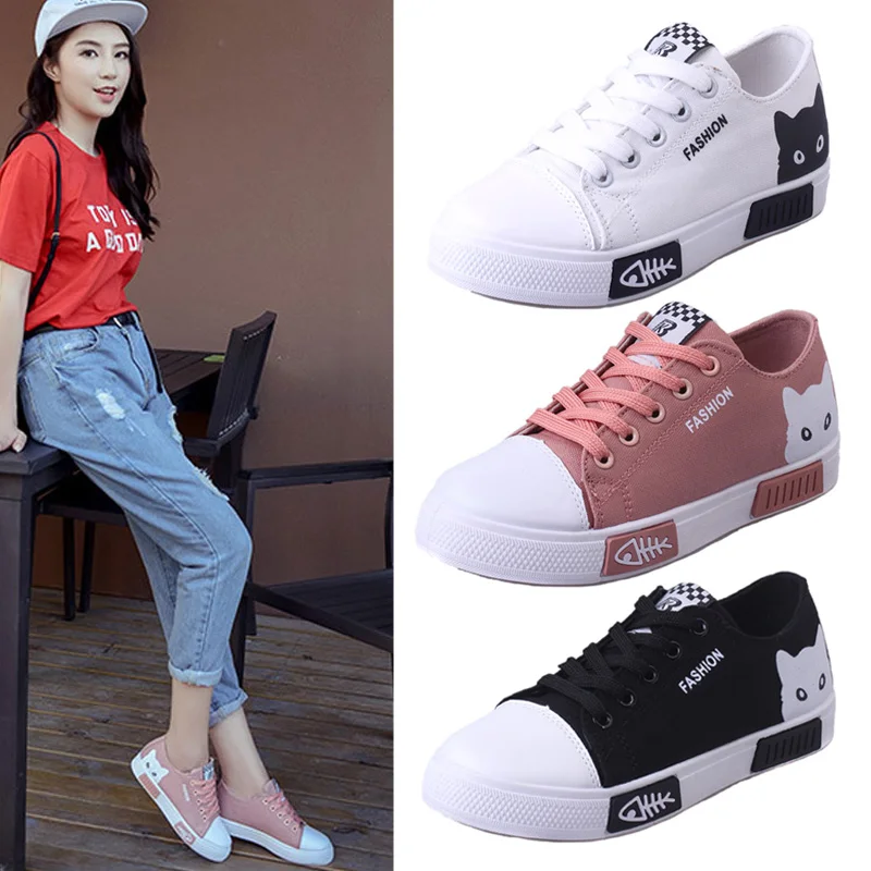

1 Pair Flats Shoes Sneakers Breathable Casual Cat Pattern Canvas For Women Lady Student sneakers low classic Skateboarding Shoes