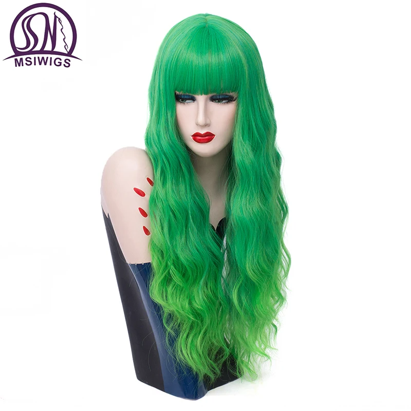 Длинные волнистые зеленые парики MSIWIGS для косплея с эффектом омбре двухцветные