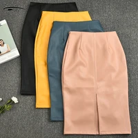 2021 summer midi skirt women plus size solid split skirts korean pu leather skirts women high waist straight midi skirts 10091