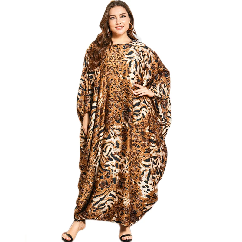 Длинное платье с леопардовым принтом, арабское платье Jilbab Abaya, Кафтан Дубай, длинное платье большого размера, мусульманское платье с рукавам...