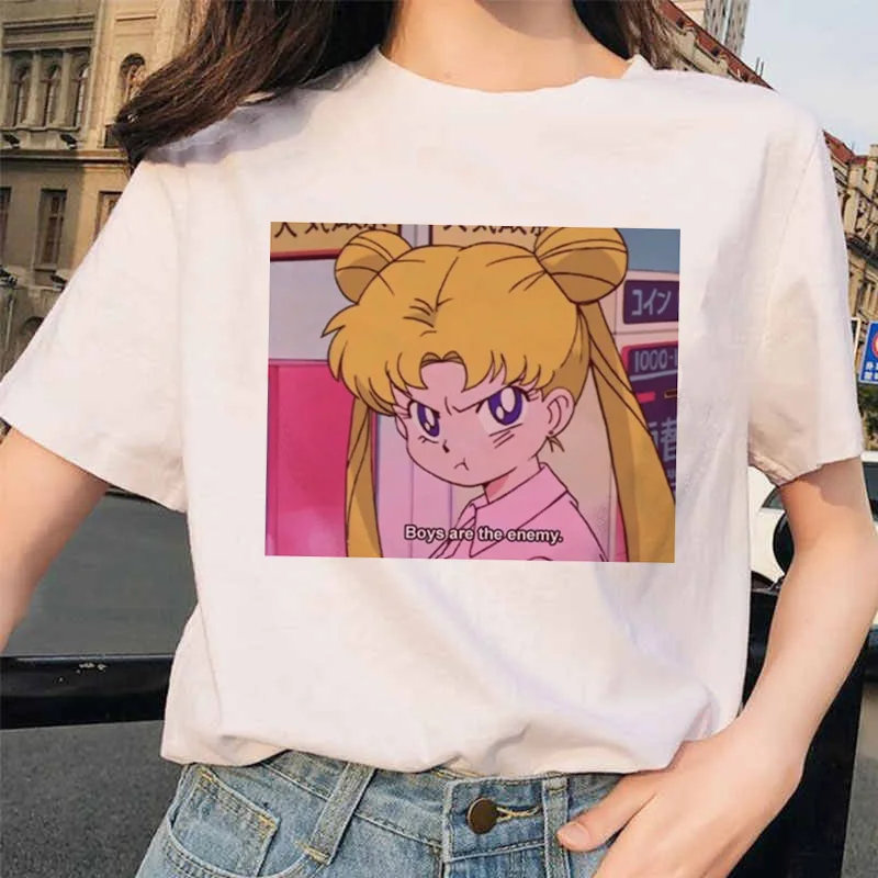 Сейлор Мун Футболка женская Kawaii Harajuku Ullzang Милая кошка футболка 90s графическая