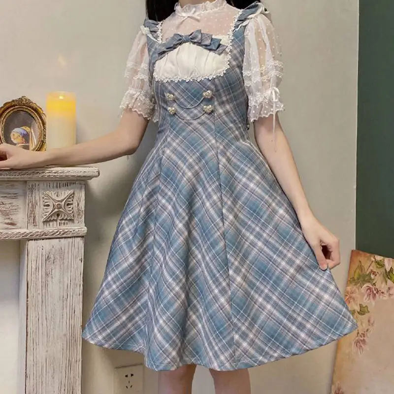 

HOUZHOU Plaid Lolita Dress Women Kawaii Maid Dresses Summer Blue Grunge Bow Muslin Mesh Puff Sleeve Sundress Streetwear