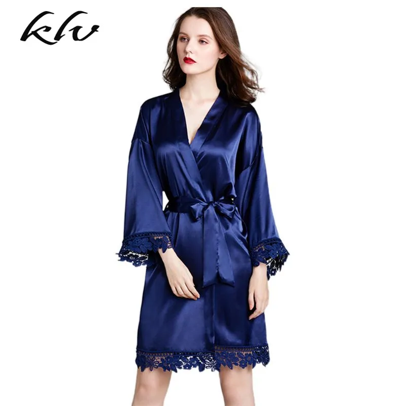 

Womens Imitation Silk Kimono Robe Embroidery Floral Lace Trim Nightgown Sleepwear Solid Color Long Sleeve V-Neck Short Bathrobe
