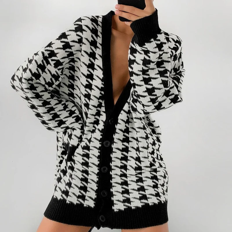 

Sexy Deep V-neck Houndstooth Women Sweater Long Sleeve Casual Loose Cardigan Jacket Contrast Color 2021 Korean Fashion Sweaters