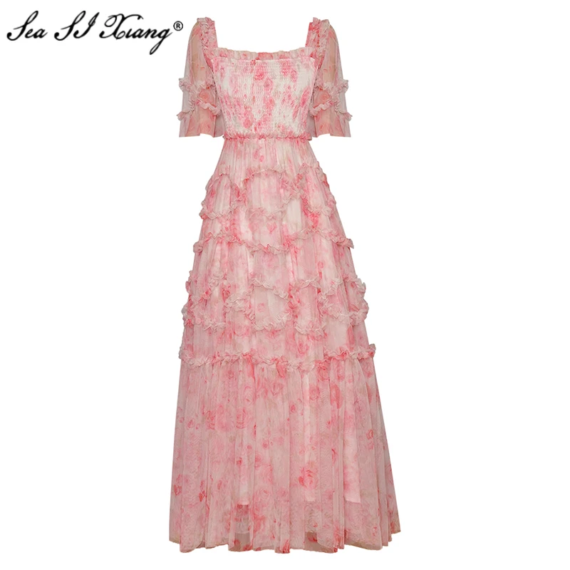 

Seasixiang Fashion Designer Summer Mesh Maxi Dress Women Square Collar Backless Flare Sleeve Ruffles Floral Print Long Dresses
