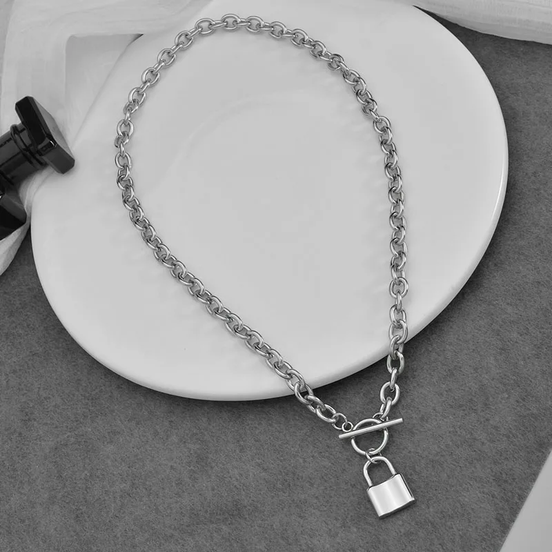 

Akizoom Thick Necklace Stainless Steel Choker Accessories Lock Shape Pendant Freeshipping for Women Punk Jewelry Birthday Gift
