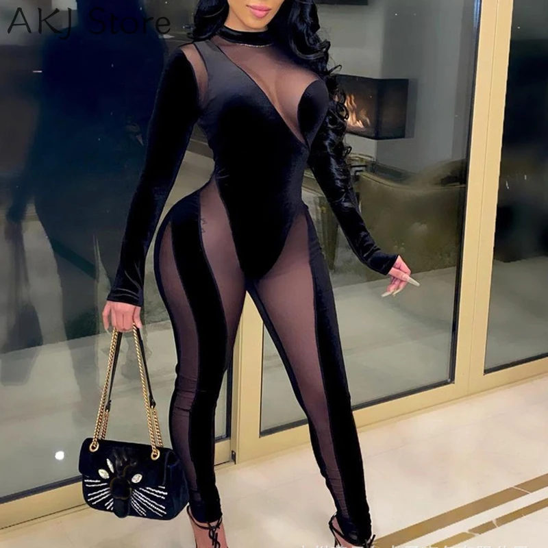 

High Quality Black Hollow Out Mesh Jumpsuits Long Sleeve Black Mesh Jumpsuit Club Overalls One Piece
