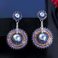 threegraces bohemian colorful cubic zirconia big dangle drop grey pearl earrings for women new trendy wedding prom jewelry er700