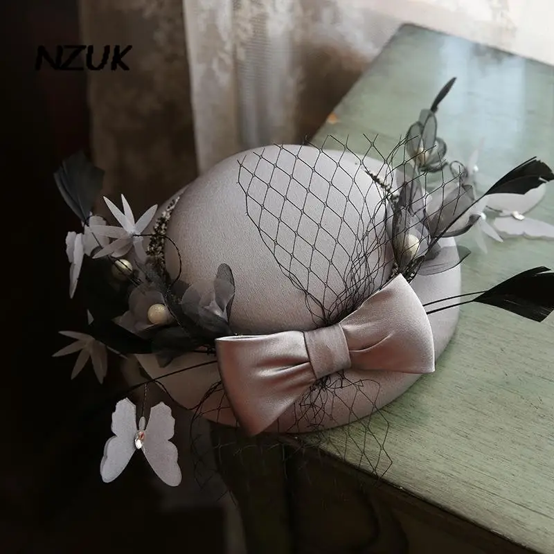 

NZUK Elegant Ladies Satin bow Wedding Hat Fascinator Hair Clip Feather Pearl Bead Vintage Cocktail Headpieces cocktail hat