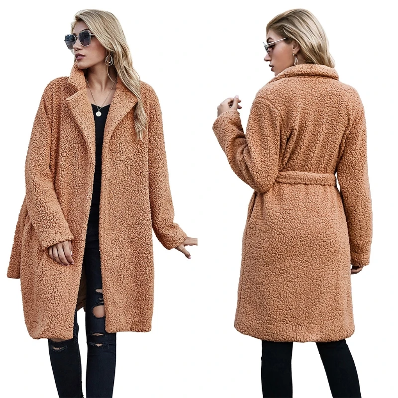 

Women Winter Fuzzy Plush Long Sleeve Coat Notched Lapel Collar Belted Loose Jacket Thicken Warm Parka Overcoat Outerwear with Po