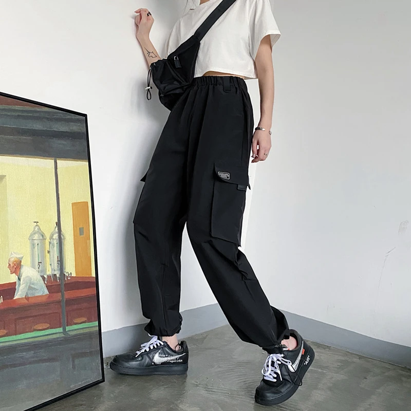 Брюки карго с большими карманами женские свободные штаны завышенной талией