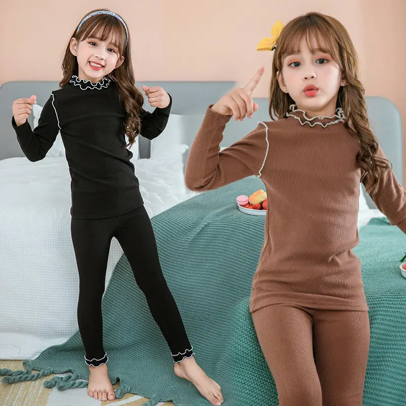 Girl's Underwear Pack Half Turtleneck Autumn and Winter Children's Long Johns Top & Bottom Set Girl's Wooden Ear Thickened Base