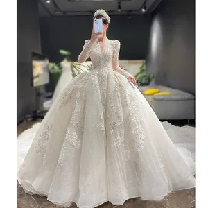 New Champagne Wedding Dresses Long Sleeves Lace Appliques Beaded Crystal Court Train Vintage A-Line Princess Bridal Wedding Gown