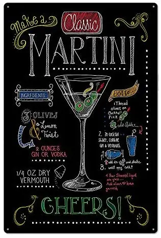 

Free Pintree Original Retro Design Classic Martini Cocktail Recipe Tin Metal Signs Wall Art | Thick Tinplate Print Poster Wall