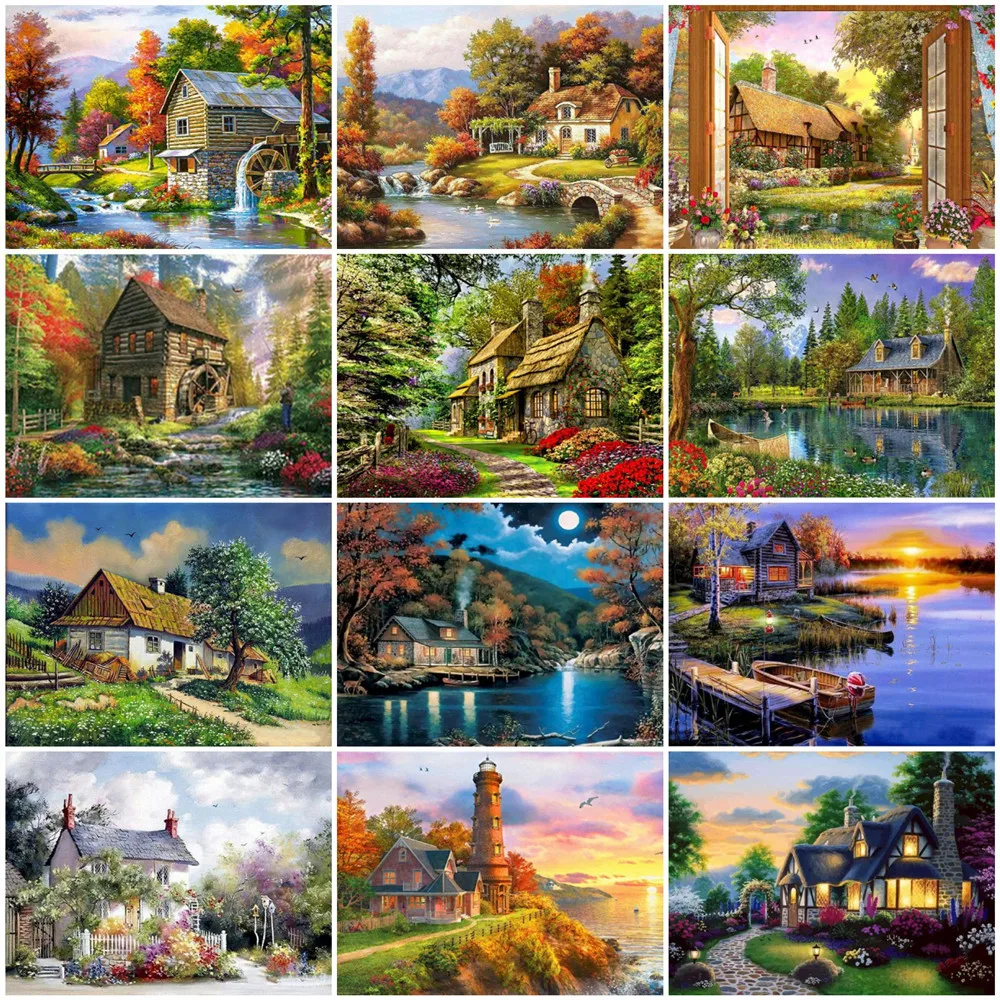 

HUACAN Coloring By Number Scenery Wall Art Handpainted Unique Gift For Adults Oil Painting By Numbers Town Decoration