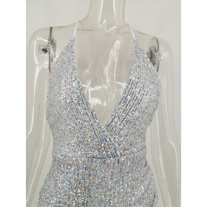 

Deep V Neck Backless Colorful Sequins Mini Dresses Sexy Push Up Sleeveless Package Hip Shirring Spaghetti Strap Dress Nightclub