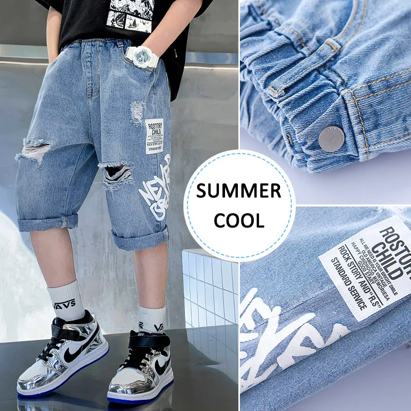 

Boy Summer Short Jean 2021 Fashion Personality Letter Printing Korean Hole Ripped Five-point Jeans Boys Cowboy Shorts for Kids