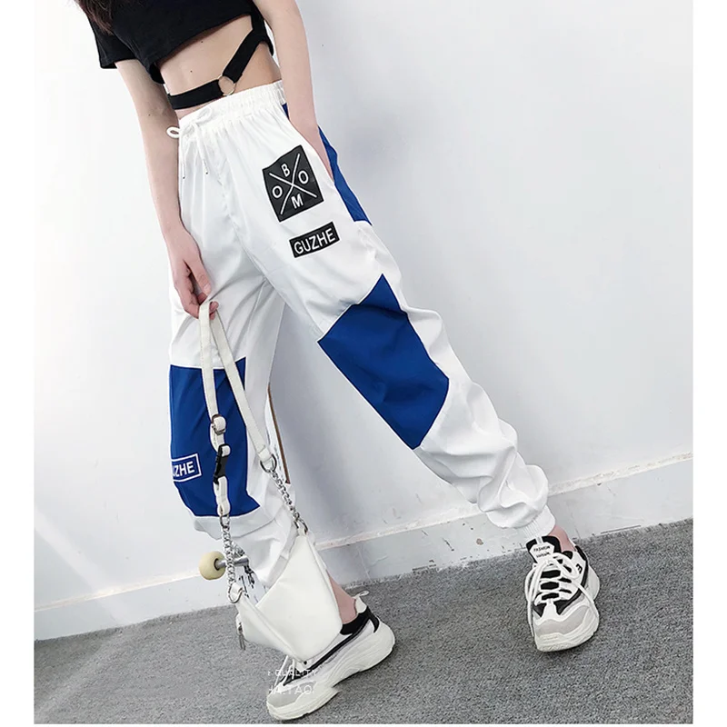 

Women High Elastic Waist Letter Cargo Pants Loose Harajuku Ankle-Length Overalls Pants Plus Size Hip Hop Female Sports