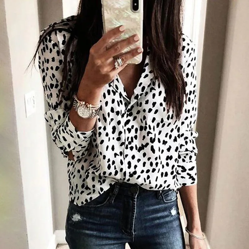 

Autumn New Leopard Print Ice Silk Lapel Casual European and American Long Sleeve Shirt Women Top