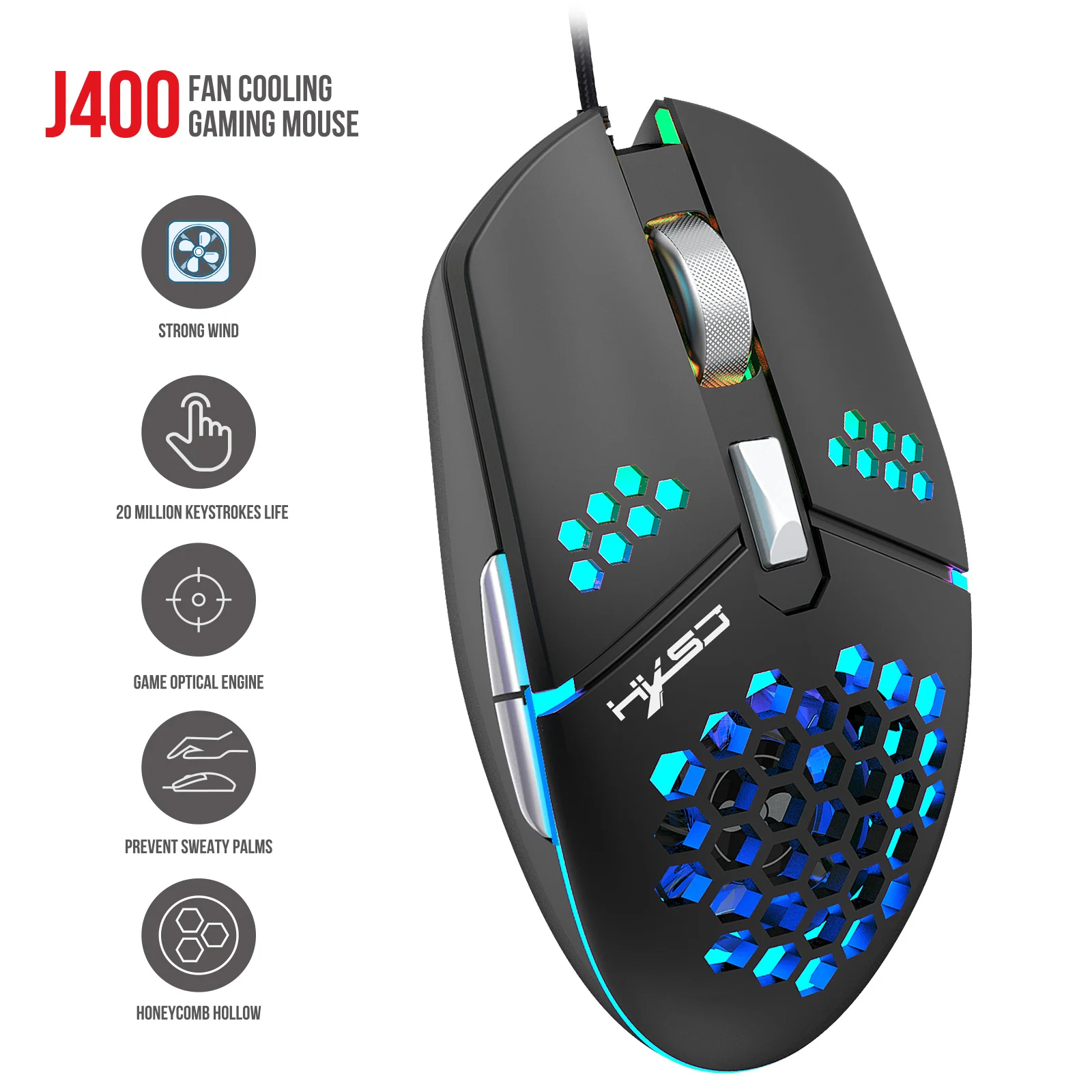Проводная игровая мышь HXSJ J400 6 кнопок эргономичная с охлаждающим вентилятором