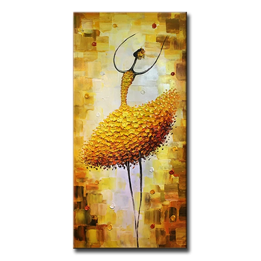 Бесплатная доставка, ручная работа, современная абстрактная Золотая балетная танцующая девушка, картина маслом на холсте, настенное искусство, домашний декор для спальни, без рамки