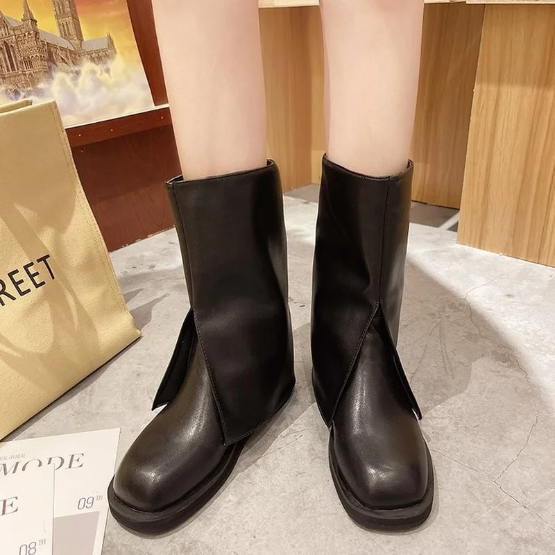 Novelty Women Boots Mid Calf Boots Low Heel Boots Slip on Shoes Autumn Winter Retro British Style Female Boots Botas De Mujer